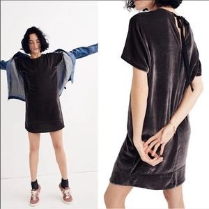 Madewell Crushed Velvet Bow Tie Mini Dress in Pewter